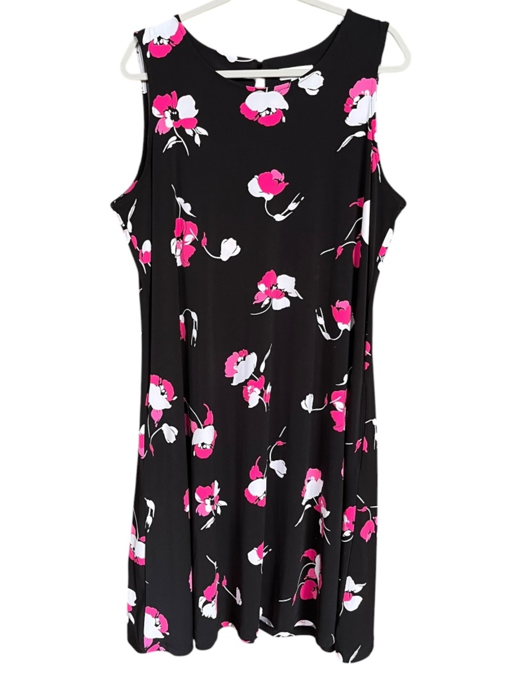 Susan Graver Black & Pink Floral Liquid Knit Sleeveless A-Line Dress SZ XL
